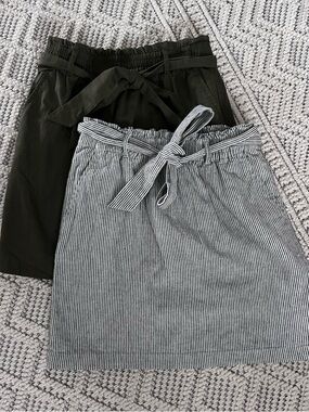 J. Crew Olive Green & Black-White Striped Tie-Waist Midi Skirts